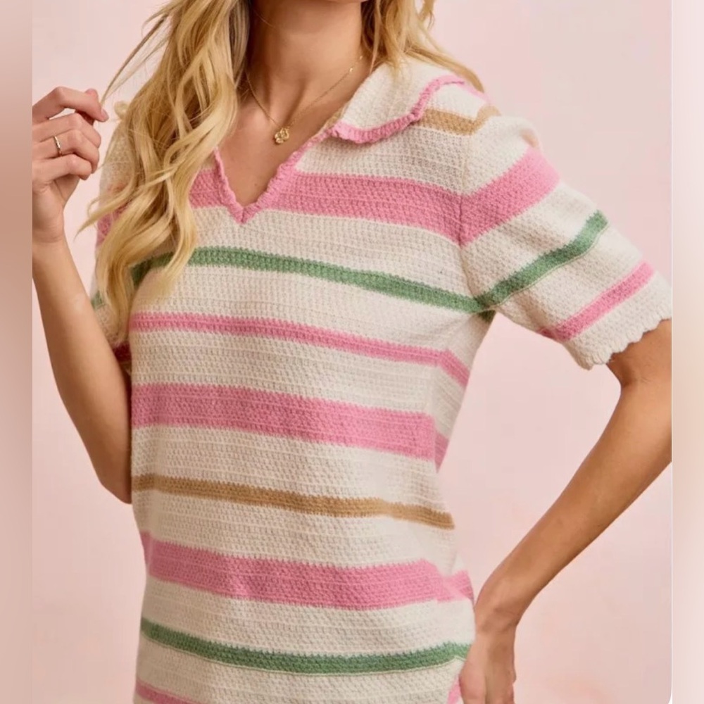 BiBi Pink Cream and Tan Striped Polo Knit Top, NWT, Medium